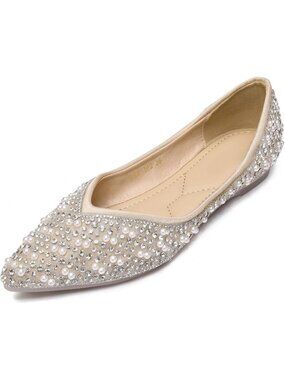 Women's Apricot Rhinestone Flats Pointed Toe Pearl Diamond Low Heel Ballet Shoes